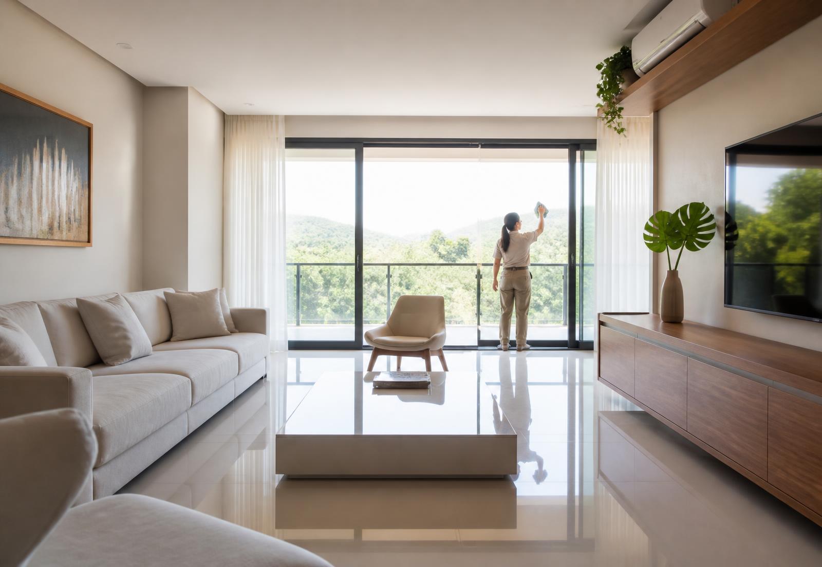 Sala de estar contemporânea recém-limpa, com piso reflexivo e luz natural, e uma profissional de limpeza ao fundo — imagem ilustrativa