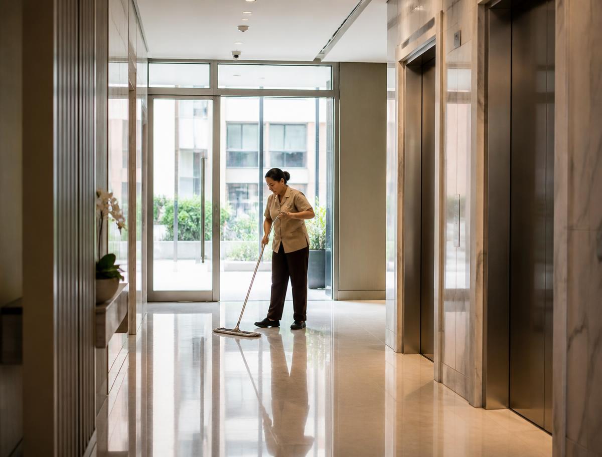 Profissional limpando o piso do hall de entrada de um condomínio, em imagem ilustrativa